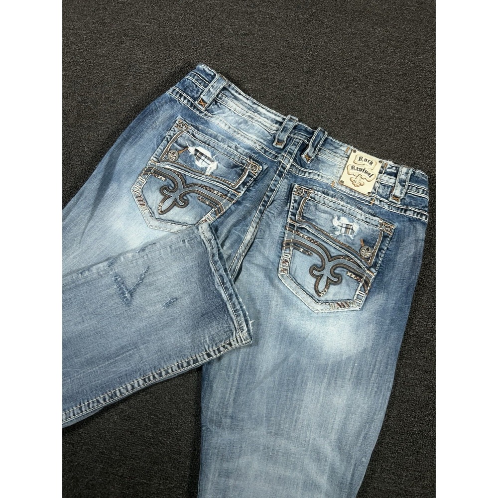 Rock Revival Jeans Men 40x34 Blue Keifer Relaxed Straight Distressed Embroidered